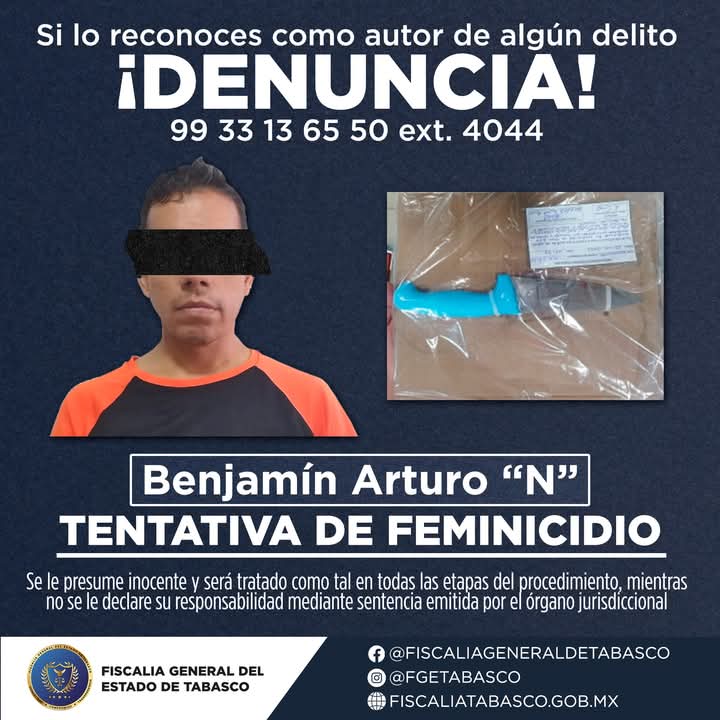 Detenido presunto responsable de tentativa de feminicidio, en Centro