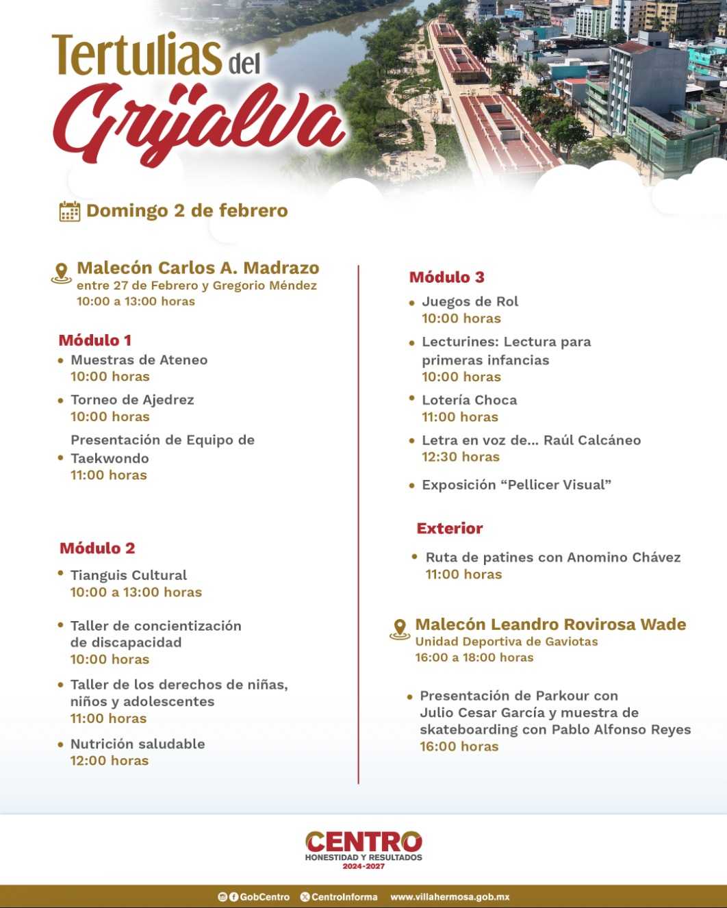 Invita Centro a la recreación familiar en “Tertulias del Grijalva” este 2 de febrero