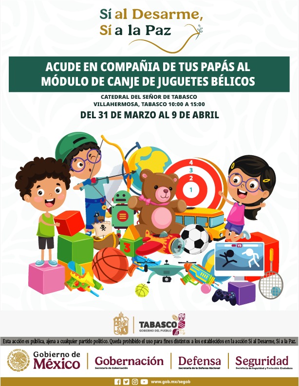 Tabasco participa en “Sí al desarme, sí a la paz”; se instalarán módulos en la Catedral de Villahermosa