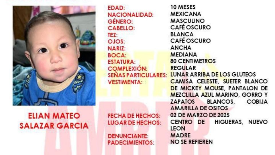 Desaparece bebé de 10 meses en Nuevo León; activan Alerta Amber