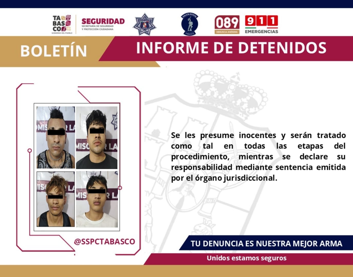 Detiene FIRT Olmeca a 4 masculinos por delitos contra la salud y probable participación en cobro de piso