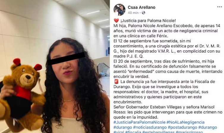 Paloma Nicole, de 14, muere tras cirugía estética en Durango; su padre exige justicia