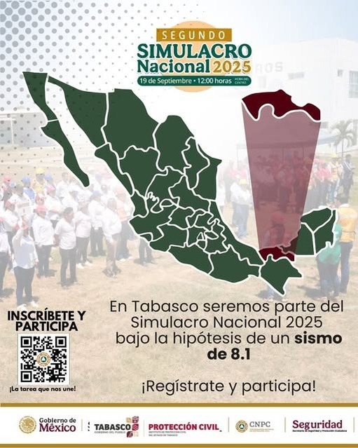 Listo Tabasco para participar en Segundo Simulacro Nacional, este viernes a las 12:00 horas