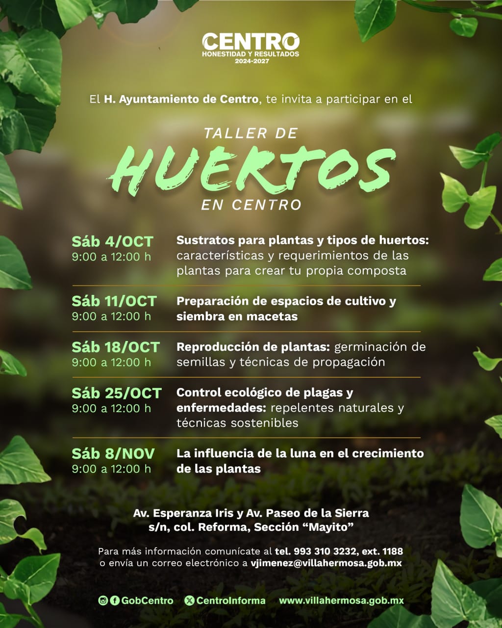 Gobierno de Centro invita a participar en Taller de Huertos en el parque La Pólvora