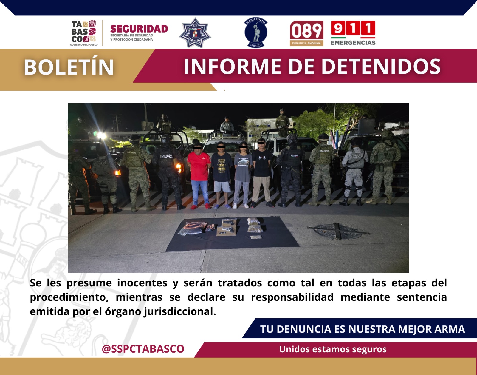 La SSPC y FIRT Olmeca aseguran a 4 personas por presuntos delitos contra la salud y violación a la Ley Federal de Armas de Fuego y Explosivos