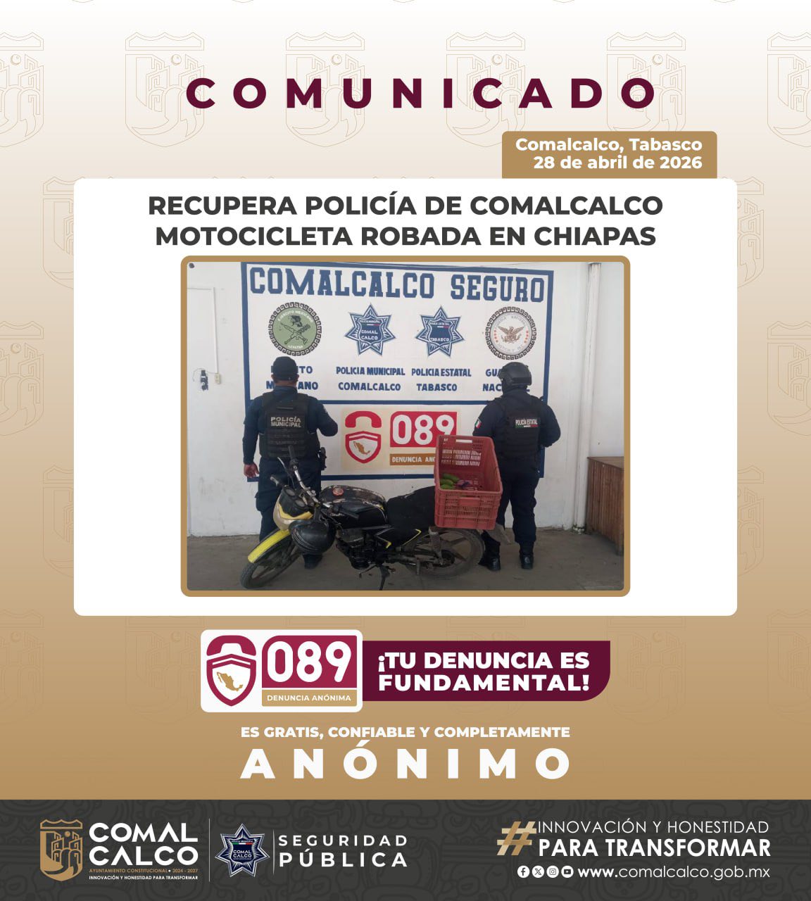 Recuperan en Comalcalco motocicleta robada en Chiapas